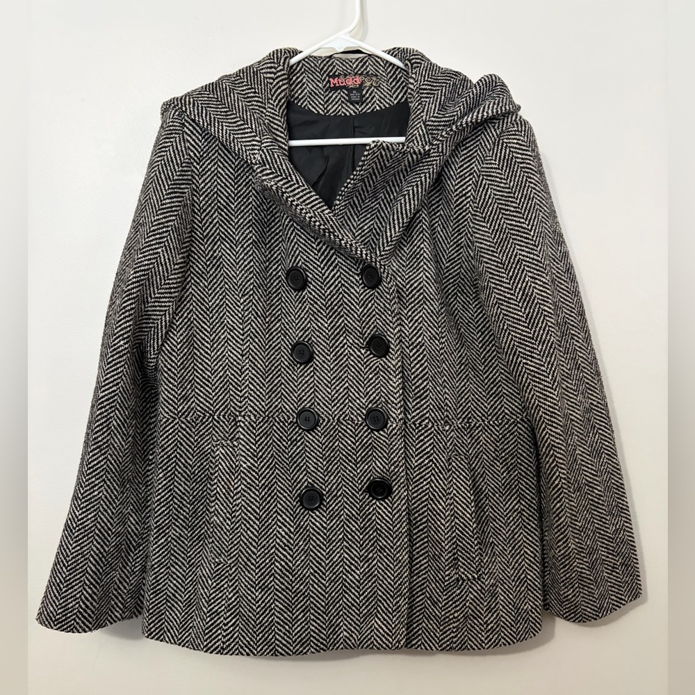 Y2K Vintage Mudd Black & White Herringbone Double-Breasted Peacoat with Hood